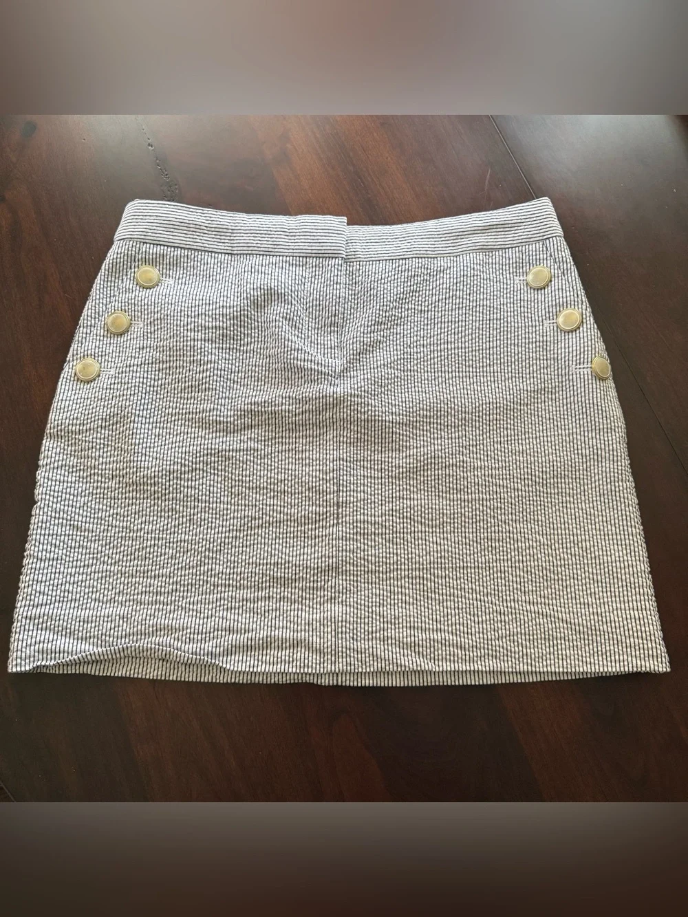 J. Crew White Seersucker Mini Skirt with Gold Buttons